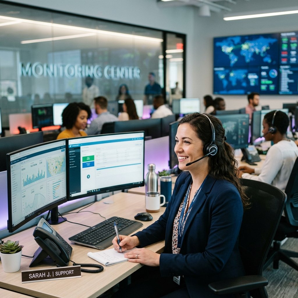 Friendly customer service representative in monitoring center