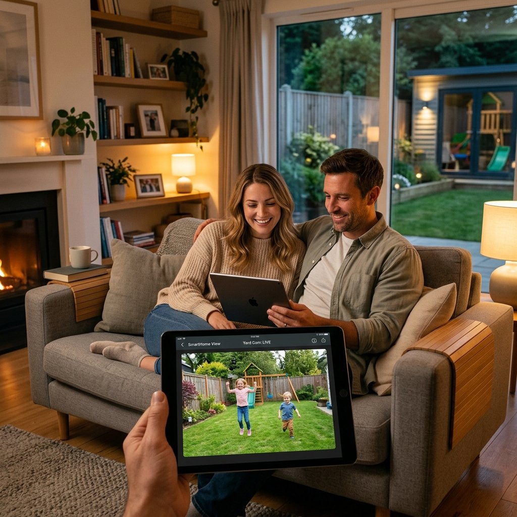 Parents relaxing at home watching children play through smart security app