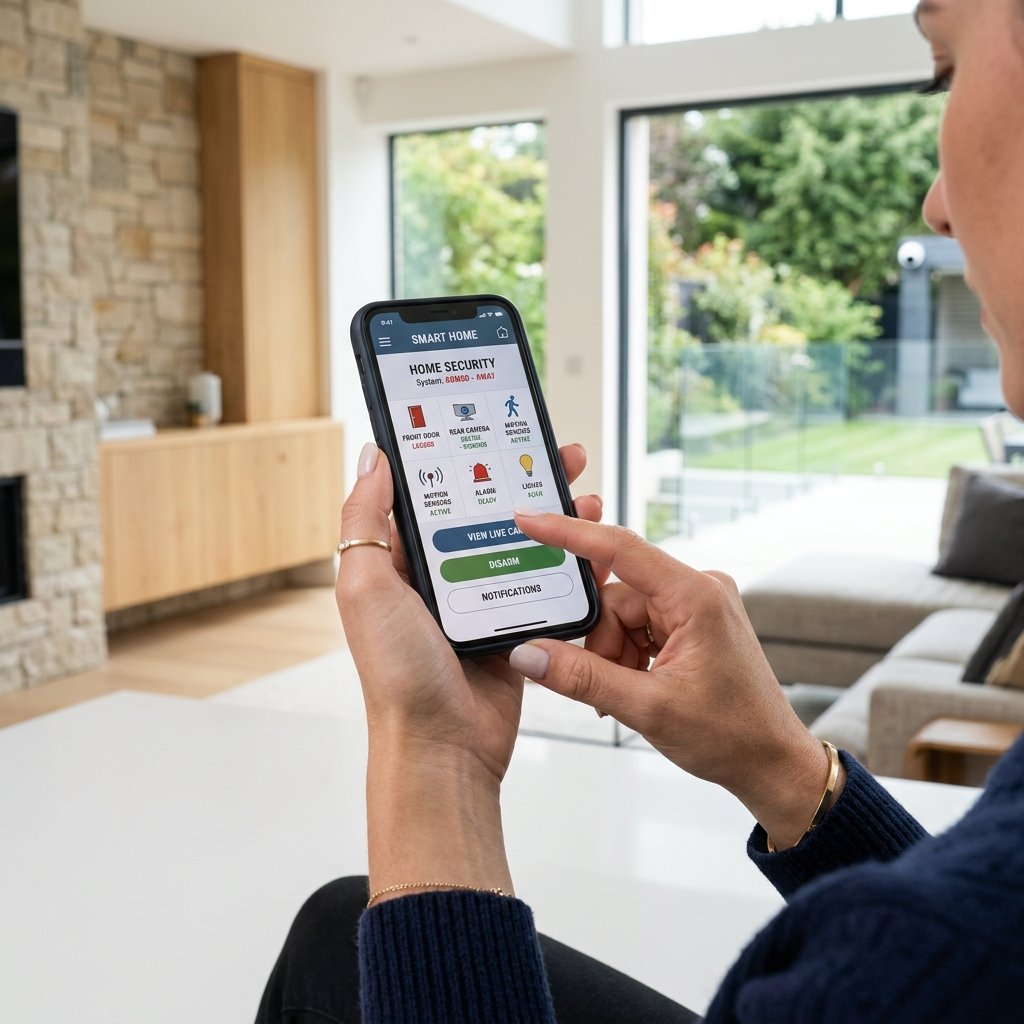 Woman controlling smart home security from smartphone