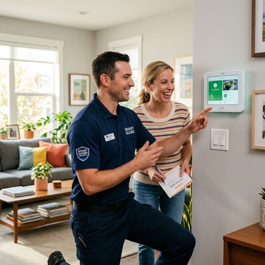 Friendly professional technician explaining smart home security panel to homeowner